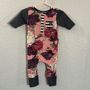 Rags Romper- 1/4 sleeve. Floral with black and white stripe detail.